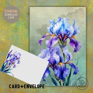 Blaue Iris Grußkarte mit Umschlag – Florale digitale Karte zum Geburtstag, Danke, Jubiläum – 3 Größen – Instant Download PDF, printable