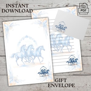 Lindos cavalos Papel de carta, papéis timbrados, notas, um conjunto de papelaria, Download instantâneo, Tamanho carta dos EUA, 8,5 x 11, Envelope de presente, amantes de cavalos