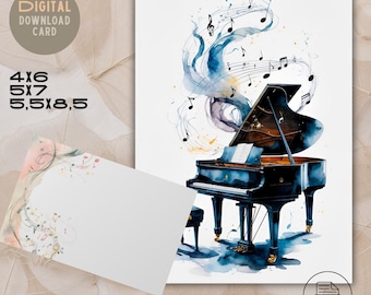 Watercolor Piano Greeting Card | Printable Card | Musical Notes | Any Occasion | Instant Download | 4x6, 5x7, 5.5x8.5, PDF, anniversary card