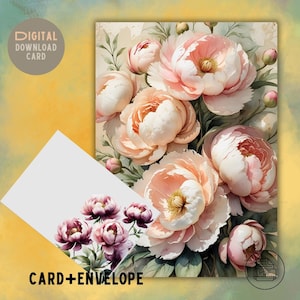 Romantic Peony Greeting Card with Envelope – Romantic Floral Card PDF – Birthday, Thank You, Anniversary – Instant Download- PDF- Printable