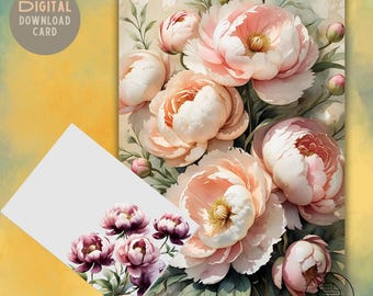 Peony Bouquet Greeting Card: Romantic Floral Design (PDF Printable)