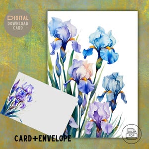 Tarjeta de felicitación imprimible de iris azul con sobre. Tarjeta digital floral para cumpleaños, agradecimiento y aniversario. 3 tamaños. Descarga instantánea en PDF.