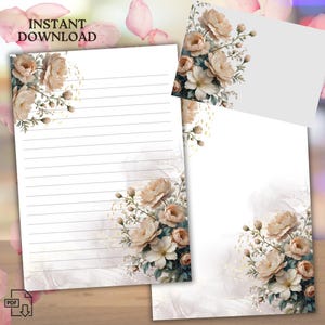 Letter Paper Set Elegant flowers– Printable Stationery with Lined and Unlined Pages + Envelope – US Letter & A4 Sizes – PDF Download, Note