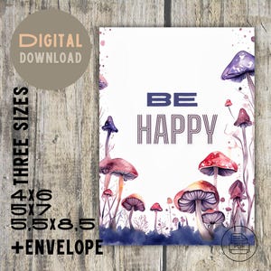 Biglietto astratto mistico-funghi - Nota carina / Sii felice / Regalo stampabile / Arte elegante con busta abbinata, download digitale, file PDF