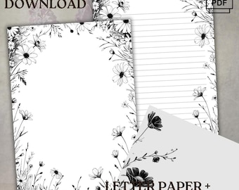 Black White Flowers Letter Paper + Envelope - Black & White Stationery - Lined and Unlined - US Letter | A4 - Digital Download, PDF File