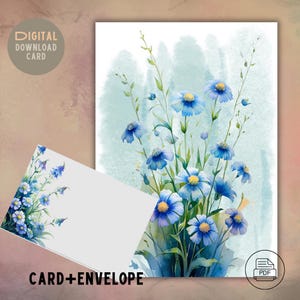 Digitale wenskaart: blauwe weidebloemen, aquarelbloemen, lenteboeket. Downloadbaar, drie formaten, pdf, inclusief bijpassende envelop