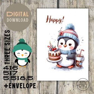 Bonita tarjeta de pingüino en blanco y negro: perfecta para cumpleaños, días festivos y aniversarios. Imprima en casa con un bonito diseño de pastel.