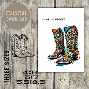 Saludo colorido y alegre - Imprimible al instante, Varios tamaños, Descarga instantánea de sobre festivo, Nuevo hogar, PDF imprimible, Botas de vaquero