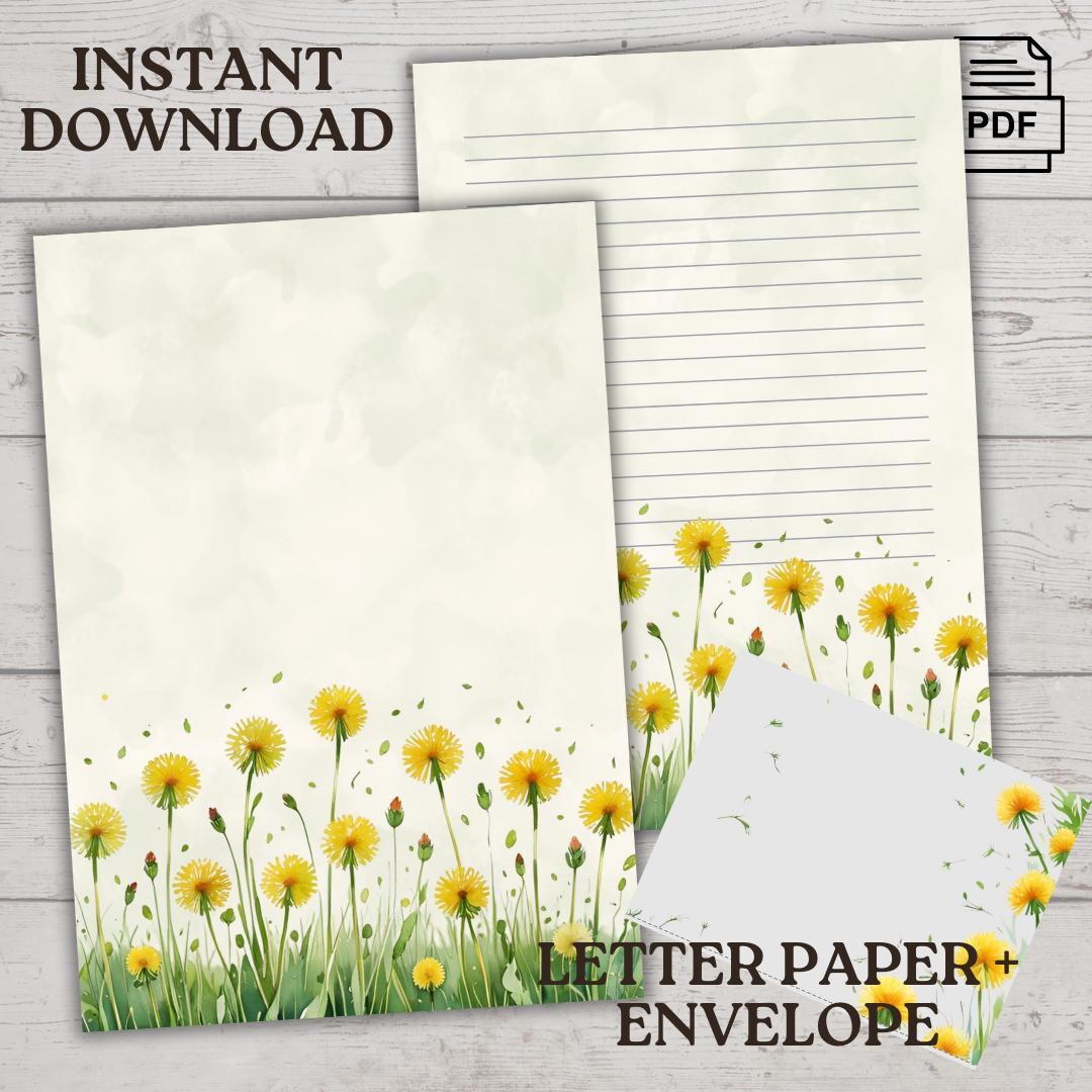 Row Yellow Dandelions Printable Stationery, Digital PDF Download - US ...