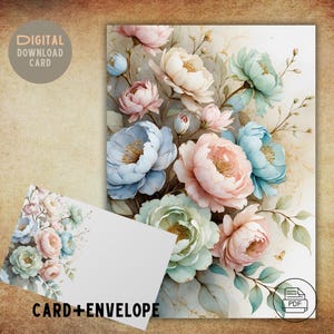 Variegated Flowers Card Greeting Card Set - Pastel Colors - Printable at Home - Custom Envelope - PDF Download, gift for her, anniversary