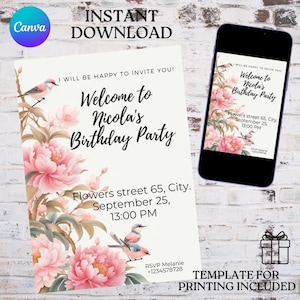 Floral Birthday Invitation. Editable Digital 5x7 Card or Mobile Template. Bonus 5x7 Template. Digital Download for Mobile Message or Print