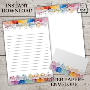 Juego de papelería decorado con bordes de encaje, PDF imprimible instantáneo para cartas y notas, PDF elegante con páginas rayadas y en blanco, sobre personalizado