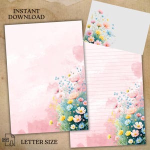 Ramo de flores, fondo rosa/Papelería imprimible con sobre, papel sin líneas/papel para escribir (tamaños Carta y A4) – Descarga PDF