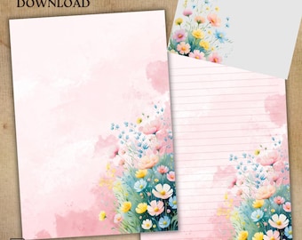 Briefpapierset met bloemen: aquarelbloemboeket, gevoerd/ongevoerd (pdf-download)
