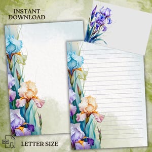 Può includere: Carta da lettere stampabile con un design ad acquerello di iris blu, viola e gialli con foglie verdi. La carta è di formato lettera e ha uno spazio di scrittura rigato.
