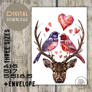 Saint-Valentin romantique de cerfs communs et d'oiseaux d'amour | coeur imprimable | 3 tailles (4 x 6, 5 x 7, 5,5 x 8,5) avec modèle d'enveloppe | PDF numérique | Télécharger