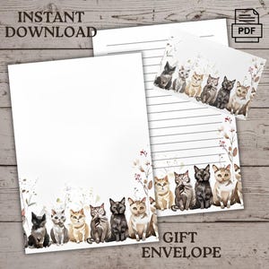 Elegante juego de papelería con gatos, papel de carta para amantes de los gatos, descarga instantánea, tamaño carta de EE. UU., sobre de regalo de 8,5 x 11 o A4, PDF imprimible