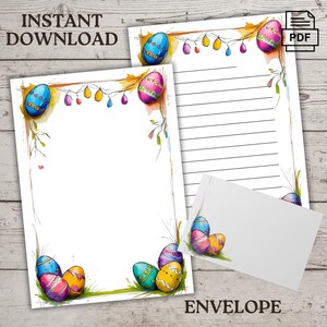 Conjunto de papelaria com ovos de Páscoa e sentimentos de primavera, download digital, PDF elegante, páginas pautadas e em branco, envelope personalizado, carta dos EUA, A4