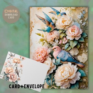 Encantador juego de tarjetas de felicitación de estilo vintage con pájaros y flores - Colores pastel - Imprimible en casa - Sobre personalizado - Descarga PDF, regalo para ella