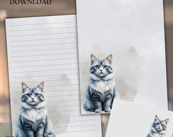 Fluffy Grey Tabby Cat Letter Paper – Printable Lined & Unlined Stationery + Envelope | Digital Download | Cute Writing Paper for Cat Lovers