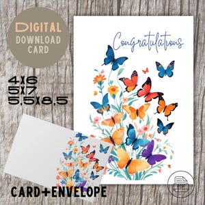 Tarjeta de felicitación de mariposa imprimible - Tarjeta digital colorida con texto "Felicitaciones" - Descarga instantánea - Formato PDF - Tarjeta + sobre