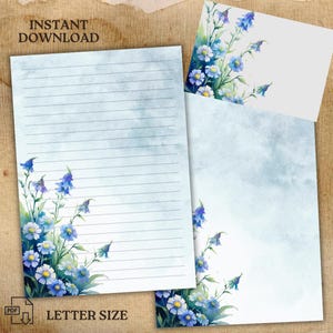 Blue Wildflowers Printable Stationery with Envelope, Printable Stationary/Line Paper/Writing Paper – US Letter & A4 Sizes – PDF Download