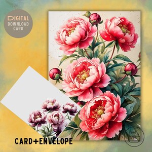 Carte de voeux imprimable pivoine rougeâtre avec enveloppe - Carte florale romantique PDF - Anniversaire, Merci, Anniversaire - Téléchargement immédiat