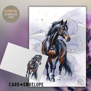 Élégante carte de voeux cheval gris brillant - art équin à imprimer, téléchargement numérique, carte à faire soi-même pour toutes les occasions, charmant motif animalier