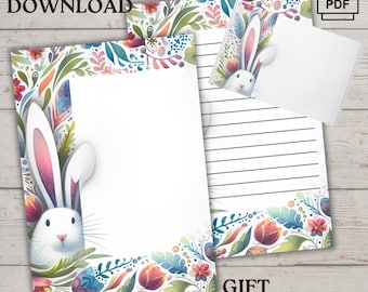 Osterhasen und Frühlingsblumen Briefpapier Set, digitaler Download, elegantes PDF, linierte und leere Seiten, benutzerdefinierter Umschlag, US Letter, A4