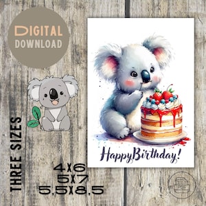 Kindergeburtstagskarte mit süßem Koala | Druckbare PDF | Einfaches Drucken, niedliches Aquarell | 4x6, 5x7, 5.5x8.5 Größen & Umschlag inklusive