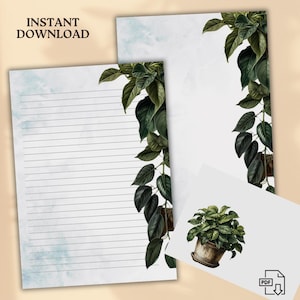 Papel de Carta Peperomia | Papelaria para Imprimir | Download Digital | Pautado e Sem Pautado | A4 e Carta EUA | Papel de Carta Botânico | Envelope