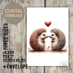 Carte de vœux charmante de hérisson | Cadeau parfait pour la Saint-Valentin | Carte imprimable avec enveloppes| note d'amour | Saint-Valentin unique, téléchargements instantanés