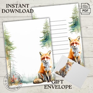 Ensemble de papeterie renard élégant et romance avec la forêt, téléchargement immédiat, format lettre US, enveloppe cadeau 8,5 x 11 ou A4, papeterie imprimable