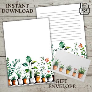 Papel de carta para impressão de plantas domésticas - Conjunto de papelaria | Envelope para presente | 8,5 x 11, download instantâneo | Tamanho carta dos EUA, A4, com e sem linhas