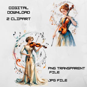 Watercolor Violin Clipart, Musical Notes PNG & JPG, Violin Digital Download, Music Clip Art, Instrument Illustration, 300 DPI Graphics