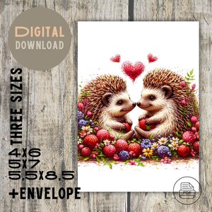 Carte Couple mignon hérissons, Saint-Valentin | Ensemble carte de voeux et enveloppe | Note d'amour imprimable | Saint-Valentin unique, téléchargements instantanés