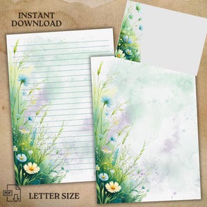 Printable Stationery with Envelope Meadow Flowers , Printable Stationary / Line Paper / Writing Paper – US Letter & A4 Sizes – PDF Download