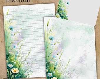 Printable Stationery with Envelope Meadow Flowers , Printable Stationary / Line Paper / Writing Paper – US Letter & A4 Sizes – PDF Download