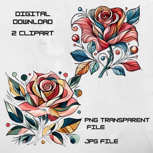 2 Rose Clip Art Set - PNG Transparent Files - JPGs - 300 DPI, Digital Watercolor Roses for Crafts, Invitations & Home Décor, ClipArt Set