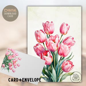 Tarjeta de felicitación con ramo de tulipanes rosas: flores primaverales en acuarela, papelería imprimible, descarga digital, incluye sobre, tarjeta de aniversario