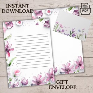 Lentebloemen papieren briefschrijfset | Afdrukbare pdf voor persoonlijke notities | A4 US Letter, aangepaste envelop, US Letter, A4, voorjaarsvakantie