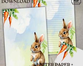Printable Bunny Letter Paper + Envelope | Cute Rabbit Stationery | Lined & Unlined | US Letter - A4 Size | Instant Digital Download