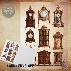 Tarjeta de felicitación con relojes antiguos / Tarjeta vintage imprimible con sobre / Descarga digital en PDF / Papelería de inspiración renacentista para toda ocasión