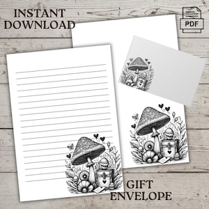 Set de papelería con diseño de hongos: descarga digital, elegante PDF con páginas rayadas y en blanco, sobre personalizado y correspondencia creativa.