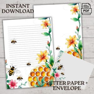 May include: Printable letter paper and envelope set with a watercolor design of bees, flowers, and honeycomb. The design features yellow flowers, green leaves, and bees flying around a honeycomb.