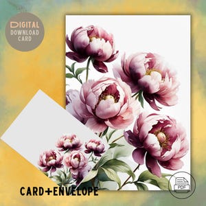 Carte de voeux pivoine rouge foncé avec enveloppe - Carte florale romantique PDF - Anniversaire, Merci, Anniversaire - Téléchargement instantané - PDF - Imprimable