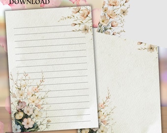 Delicate Floral Stationery Set – Watercolor Lined/Unlined Paper & Envelope (PDF Download)