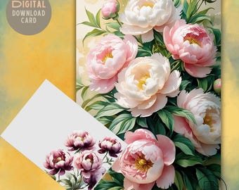 Light Pink Peony Greeting Card with Envelope – Romantic Floral Card PDF – Birthday, Thank You, Anniversary – Instant Download- PDF