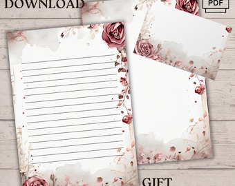 Vintage Floral Stationery Set, Beige Roses, Instant Printable PDF for Letters - Notes, Elegant PDF with Lined & Blank Pages, Custom Envelope