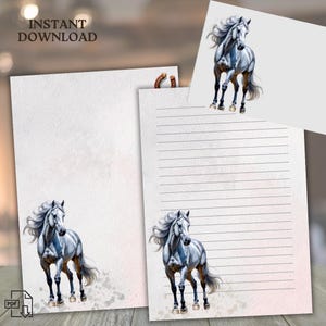 Elegante carta da lettere con cavallo grigio – cancelleria stampabile, set di scrittura equestre, download digitale, a righe, non a righe, lettera USA e A4, busta